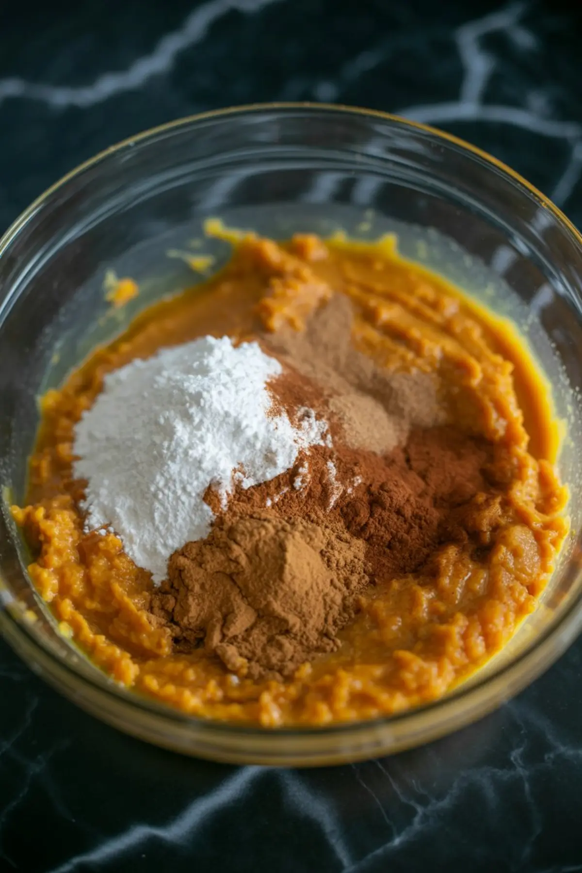 Pumpkin puree mixed with powdered sugar, cinnamon, and spices in a glass bowl for a fall dessert recipe.