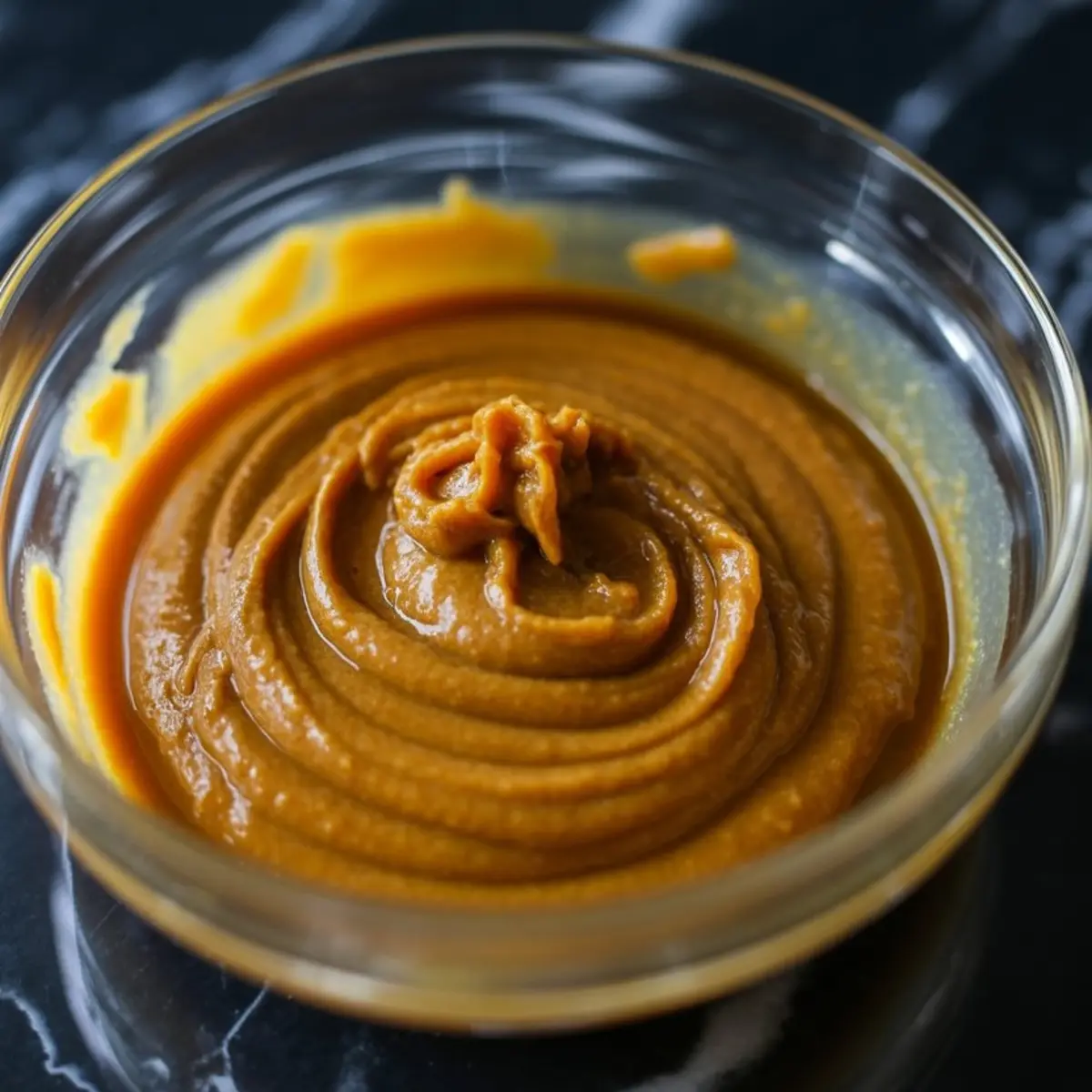 Smooth pumpkin puree swirled in a glass bowl on a dark marble surface, ready for making pumpkin mousse.