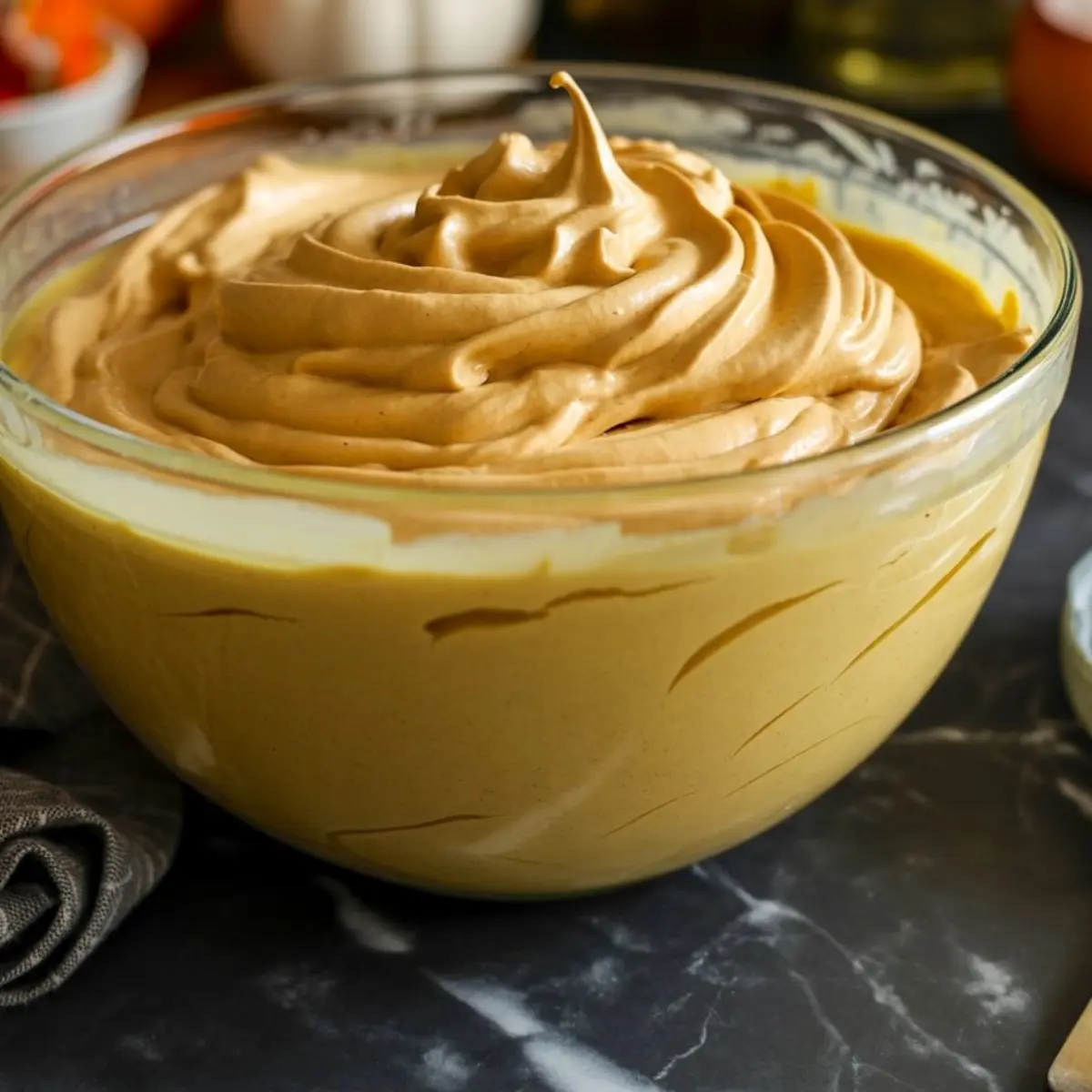 Fluffy pumpkin mousse whipped to perfection in a clear bowl, sitting on a dark countertop.