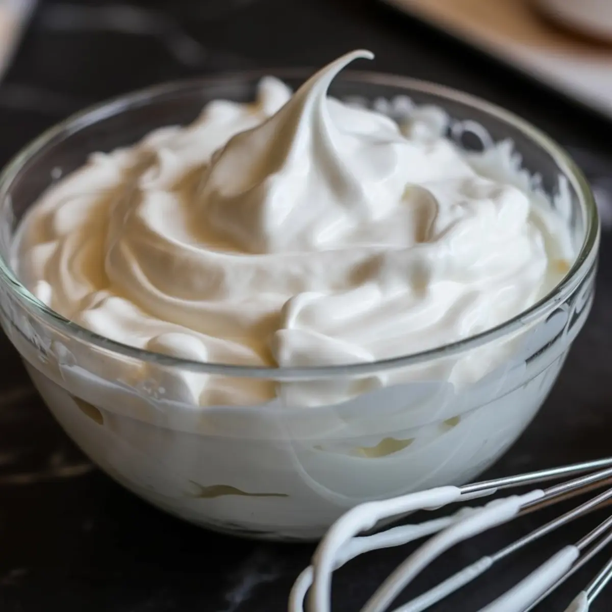 Freshly whipped cream in a glass bowl with a whisk beside it, prepared for folding into pumpkin mousse.