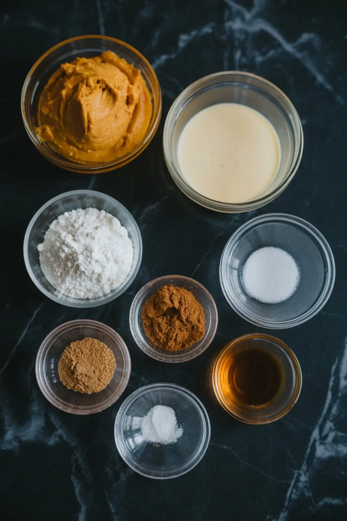 Ingredients for no-bake pumpkin mousse including pumpkin puree, condensed milk, powdered sugar, cinnamon, nutmeg, salt, and vanilla extract arranged in small glass bowls.