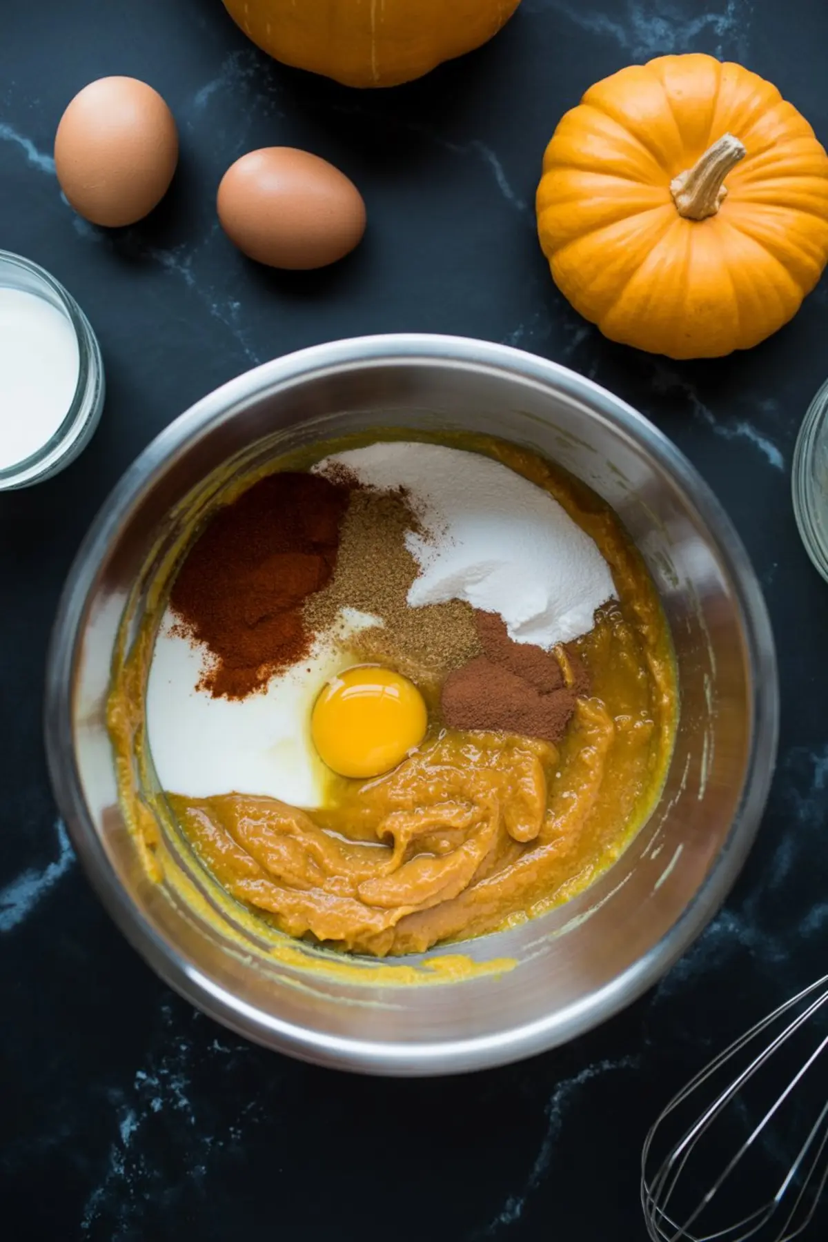 Overhead view of a mixing bowl filled with pumpkin puree, a raw egg, granulated sugar, cinnamon, nutmeg, ginger, and other fall spices, surrounded by whole pumpkins, eggs, and a small jar of milk on a dark marble countertop.