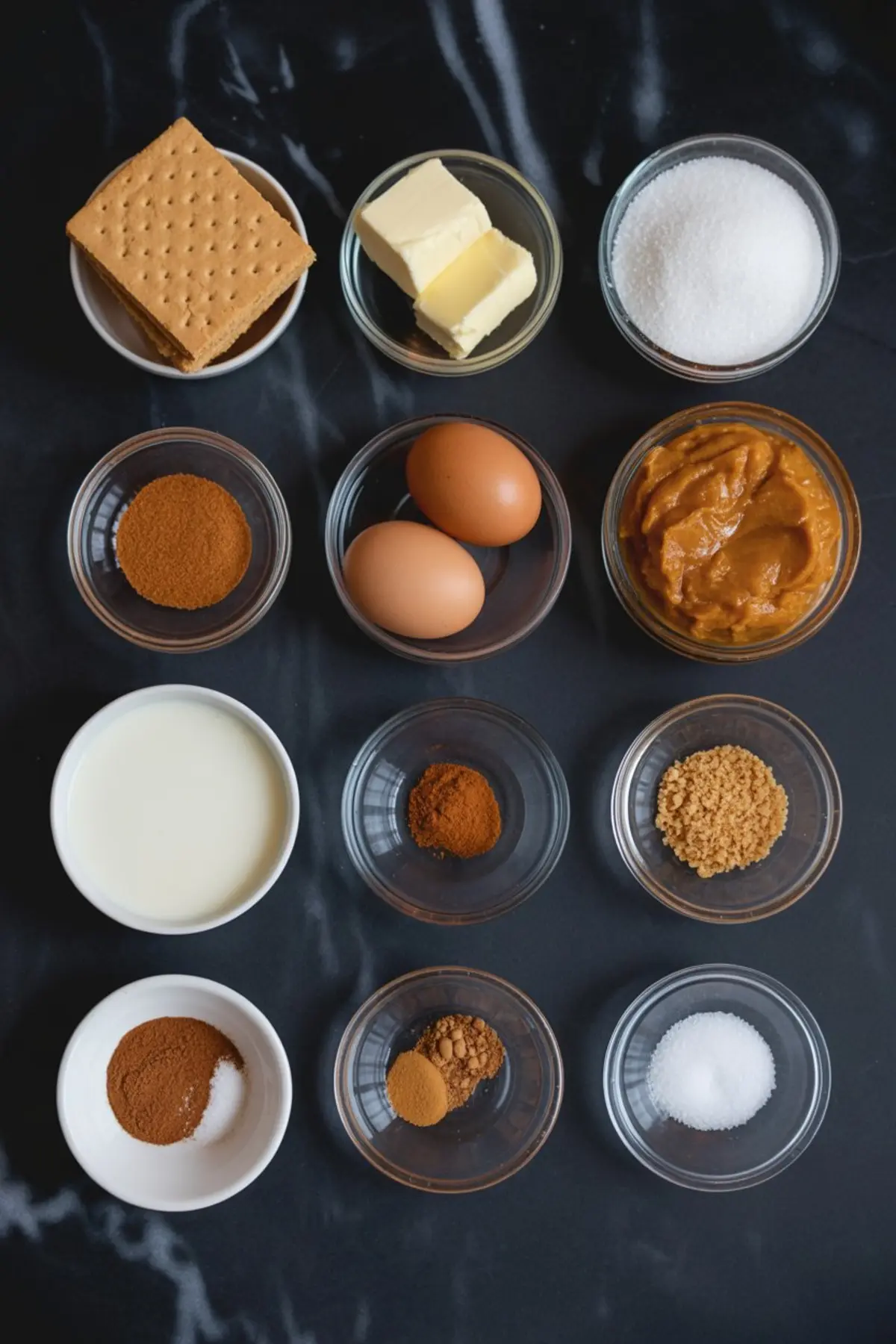 Flat lay of neatly arranged pumpkin pie bar ingredients in glass bowls, including graham crackers, butter, sugar, eggs, pumpkin puree, milk, and a variety of spices on a black marble surface.