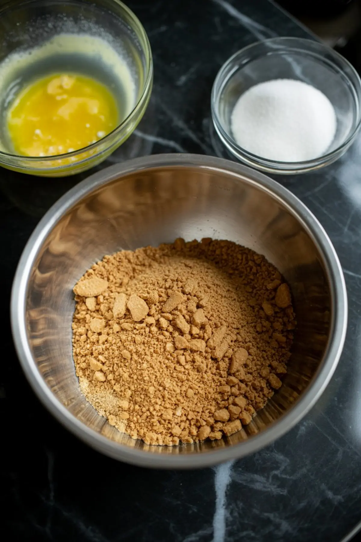 Crushed graham crackers in a metal mixing bowl with melted butter and granulated sugar in small glass bowls, placed on a black marble kitchen counter during dessert crust preparation.