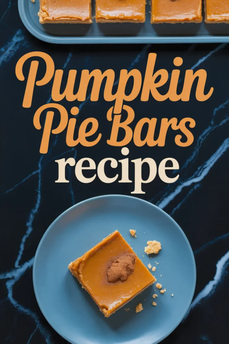 Top-down shot of a blue plate holding a single pumpkin pie bar topped with cinnamon, with more pumpkin bars in the background and bold text reading “Pumpkin Pie Bars recipe.”