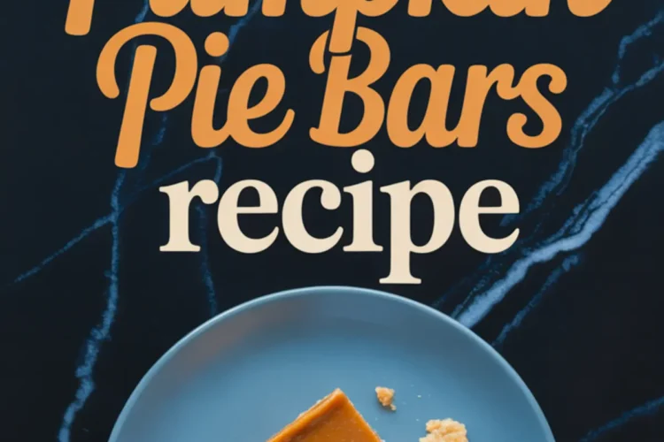 Top-down shot of a blue plate holding a single pumpkin pie bar topped with cinnamon, with more pumpkin bars in the background and bold text reading “Pumpkin Pie Bars recipe.”