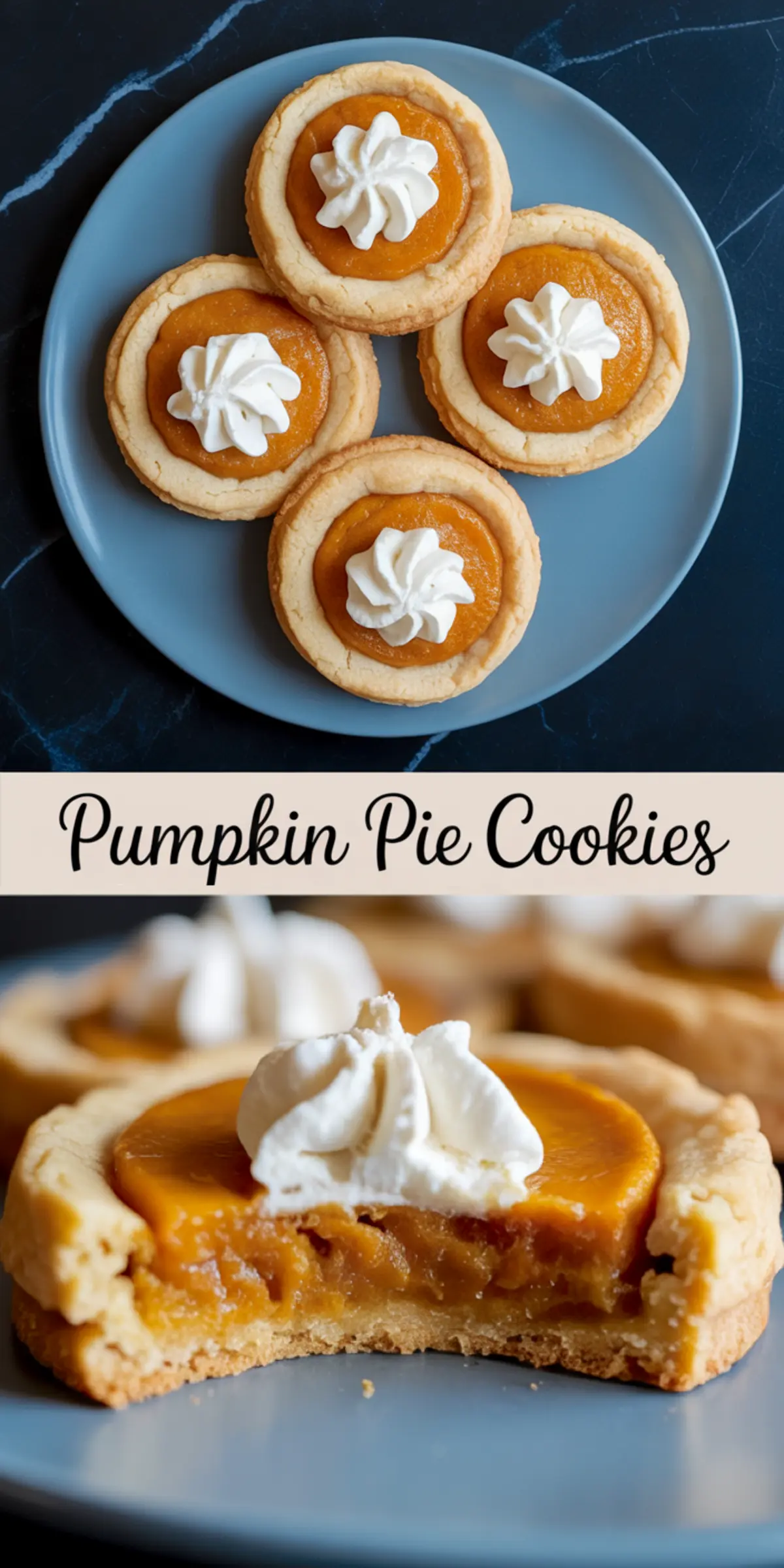 Top-down and close-up views of pumpkin pie cookies on a gray plate, featuring a buttery cookie crust filled with pumpkin filling and topped with piped whipped cream, showcasing a bite revealing the moist interior.