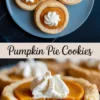 Overhead and macro shots of pumpkin pie cookies on a plate, with smooth pumpkin centers and whipped cream swirls, highlighting the golden, crumbly cookie base.