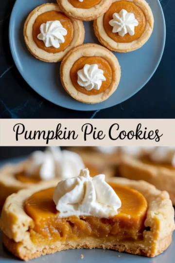 Overhead and macro shots of pumpkin pie cookies on a plate, with smooth pumpkin centers and whipped cream swirls, highlighting the golden, crumbly cookie base.