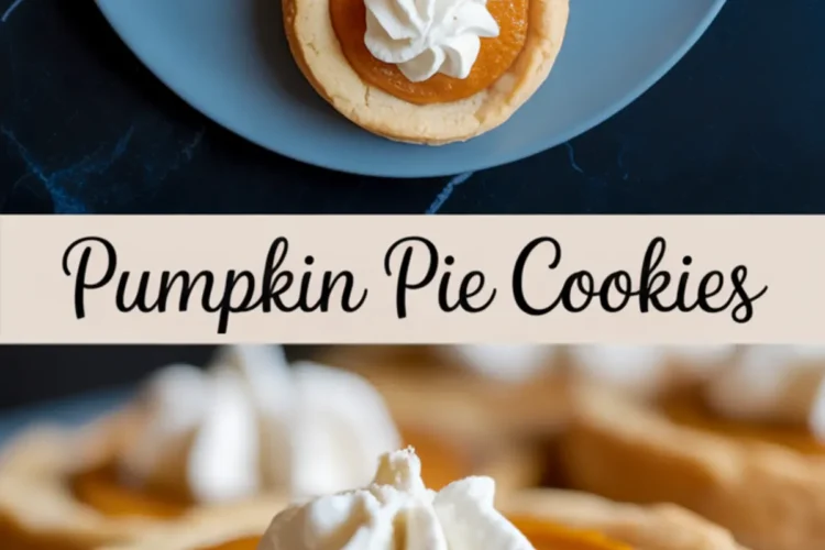 Overhead and macro shots of pumpkin pie cookies on a plate, with smooth pumpkin centers and whipped cream swirls, highlighting the golden, crumbly cookie base.