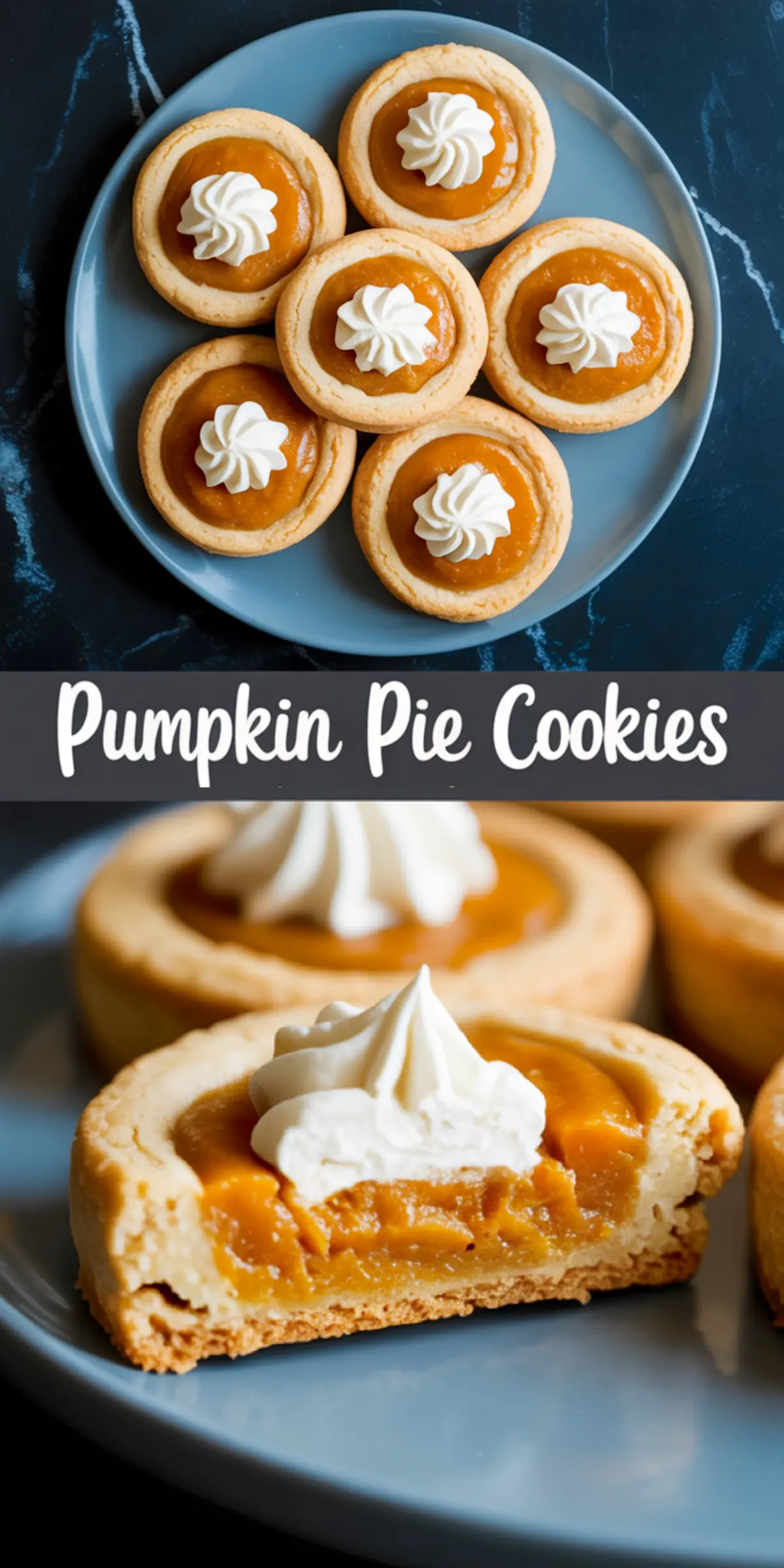 Pumpkin pie cookies on a plate in top and close-up views, displaying crisp cookie shells filled with creamy pumpkin filling and decorated with a swirl of whipped cream.