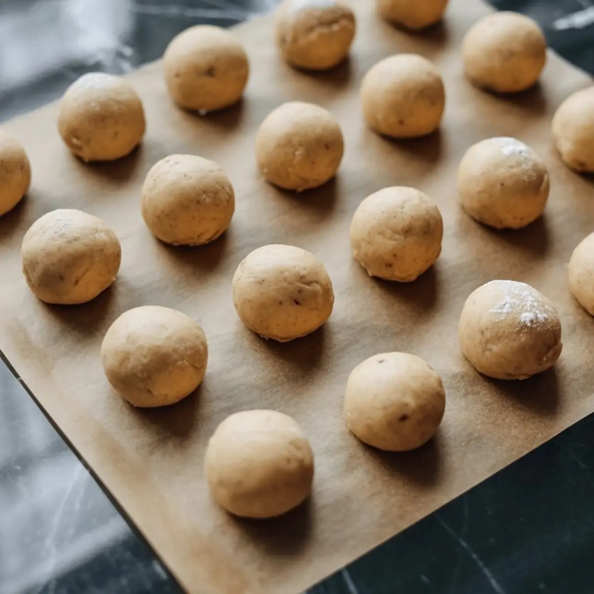 Rows of unbaked cookie dough balls arranged on parchment paper over a baking sheet, prepared for baking into soft pumpkin treats.