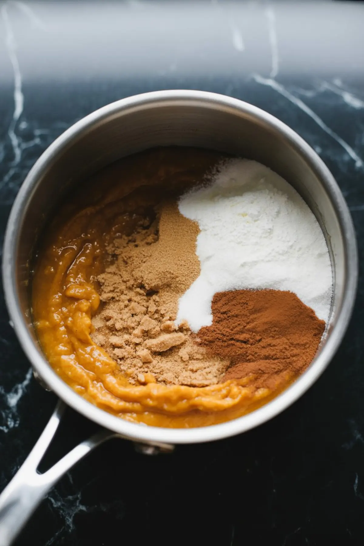 Pumpkin purée in a saucepan topped with brown sugar, white sugar, cinnamon, and spices on a black marble surface, ready to be mixed for a fall dessert recipe.
