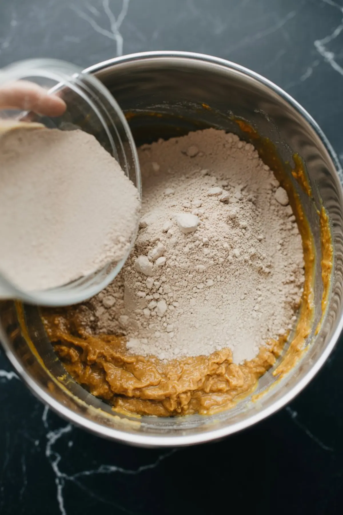 Person pouring dry protein powder mix into a bowl of orange pumpkin puree batter, beginning the process of making pumpkin protein balls.

