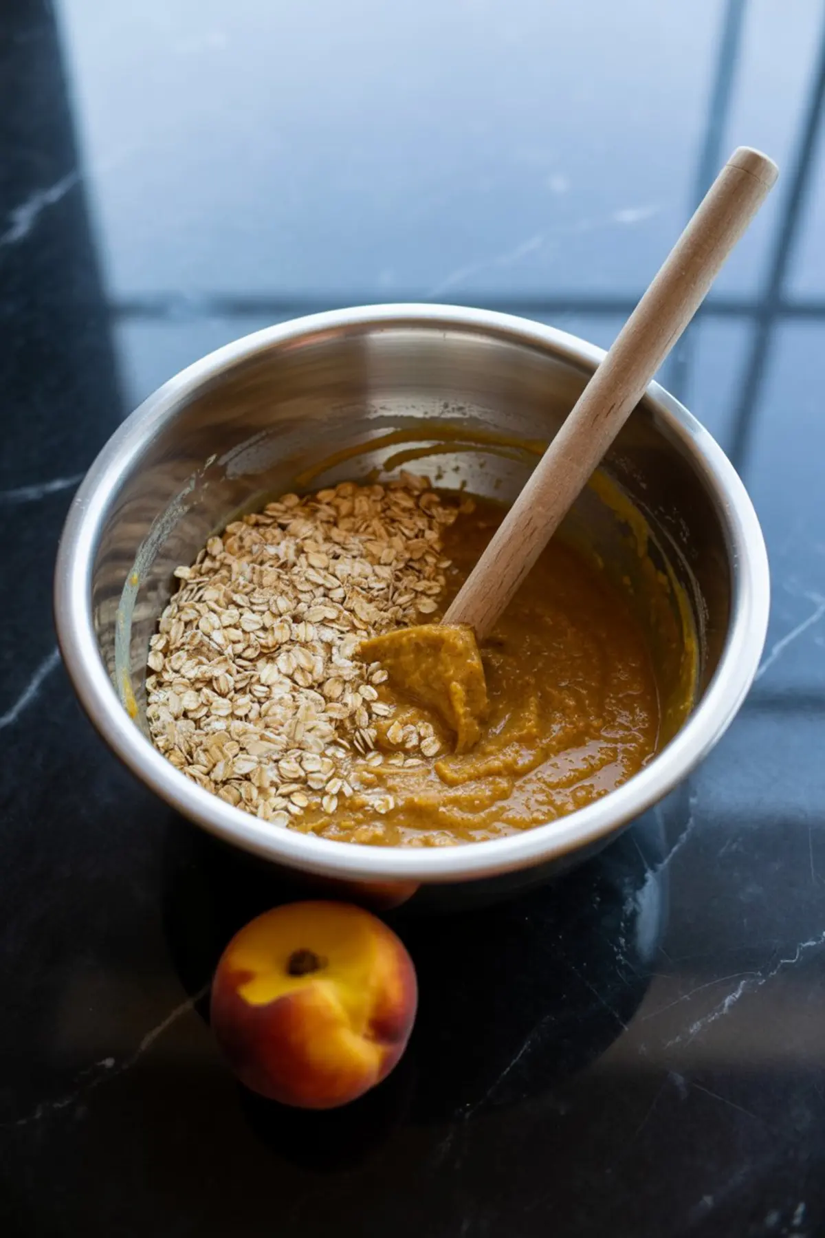 Stainless steel mixing bowl filled with pumpkin puree and rolled oats being stirred with a wooden spoon, placed beside a ripe peach on a black marble counter.
