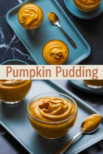 Top and bottom views of creamy pumpkin pudding served in glass bowls, placed on teal trays with silver spoons. The rich orange dessert is smooth and swirled, perfect for fall recipes, Thanksgiving treats, or pumpkin spice desserts.