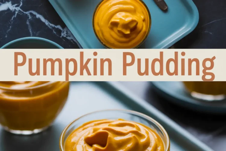 Top and bottom views of creamy pumpkin pudding served in glass bowls, placed on teal trays with silver spoons. The rich orange dessert is smooth and swirled, perfect for fall recipes, Thanksgiving treats, or pumpkin spice desserts.