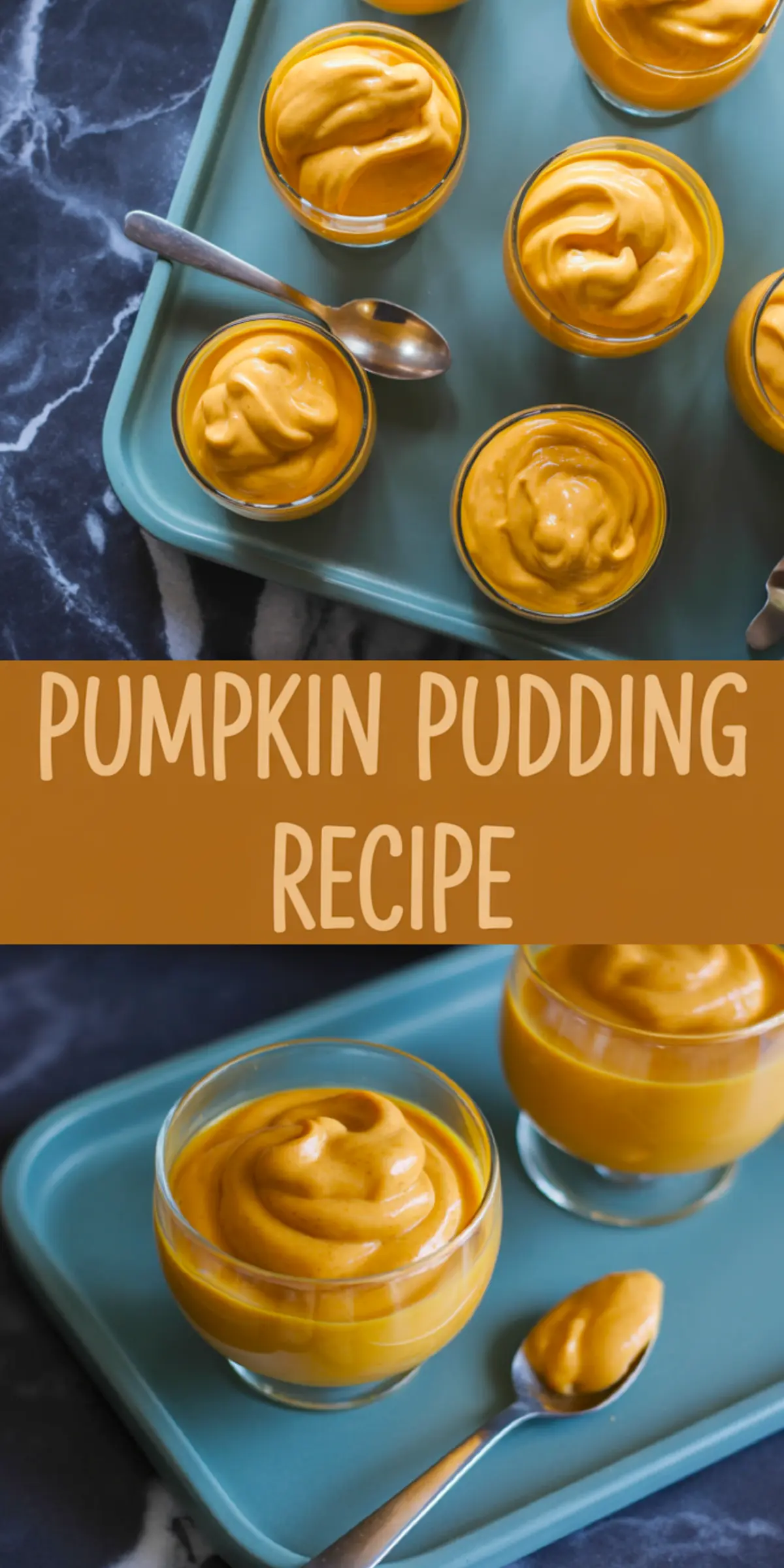 Overhead and close-up views of small glass bowls filled with thick pumpkin pudding on a blue tray. The autumn dessert features a vibrant orange hue and silky texture, ideal for seasonal recipes and easy no-bake treats.