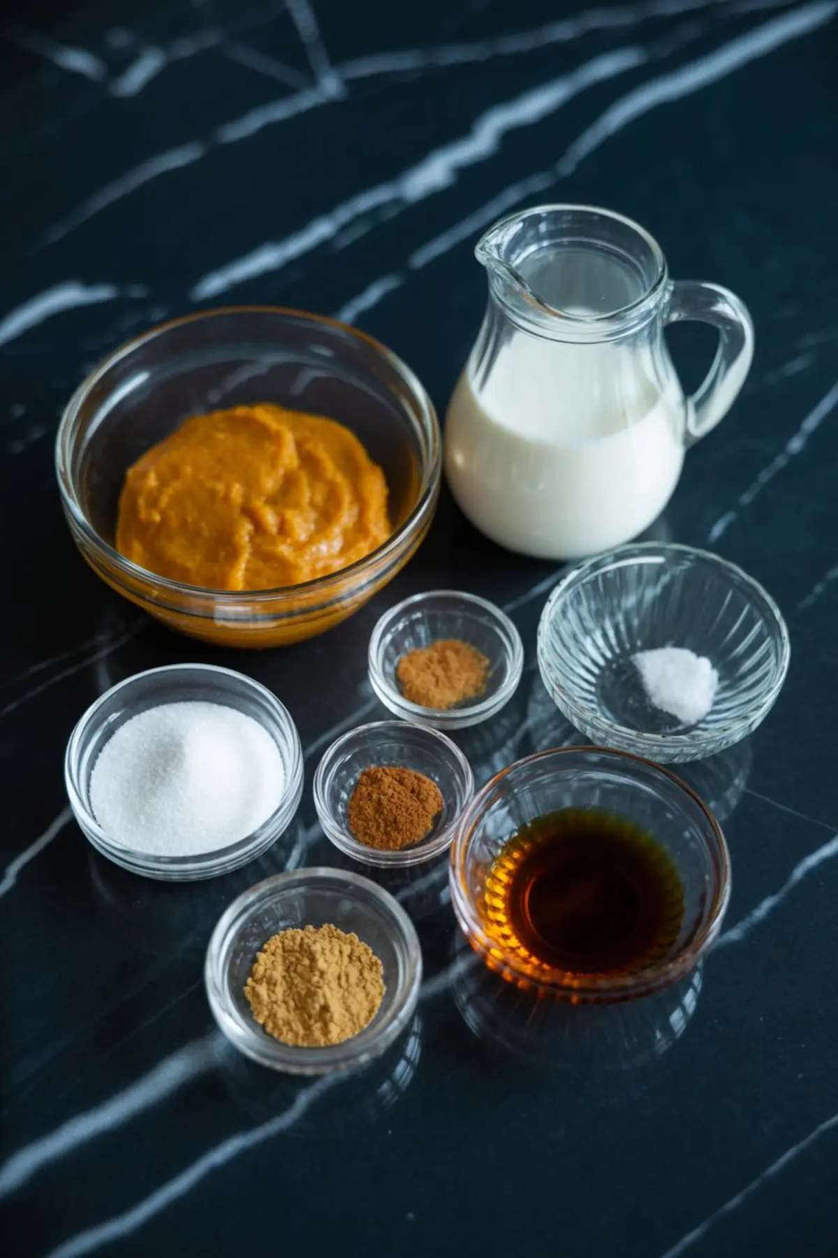 A flat lay of pumpkin pudding ingredients including pumpkin puree, milk, sugar, cinnamon, nutmeg, ginger, cloves, vanilla extract, and salt, all arranged in clear bowls on a black marble surface.