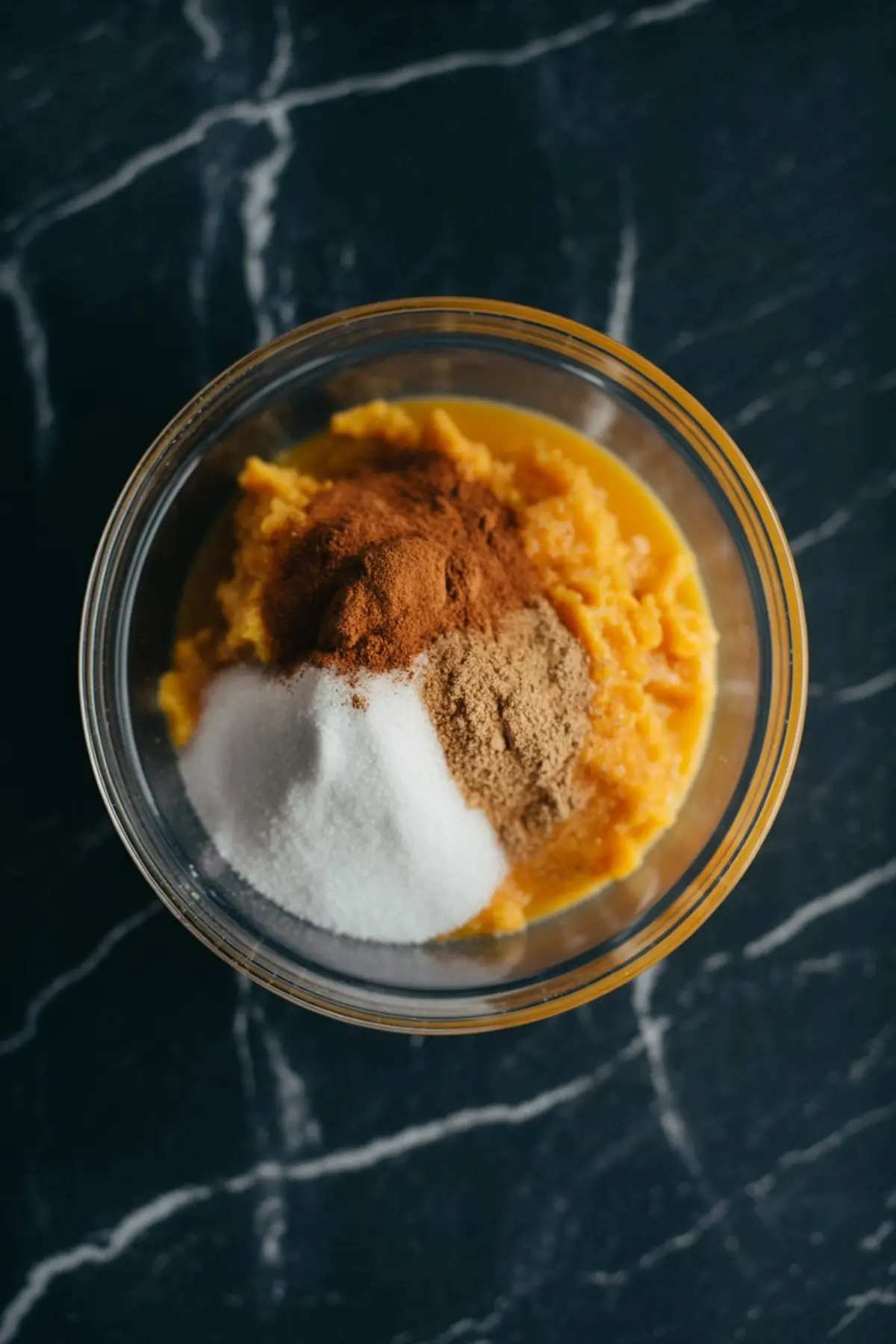A top-down view of a mixing bowl containing pumpkin puree topped with white sugar, ground cinnamon, nutmeg, and cloves, showing the initial stage of making pumpkin pudding.