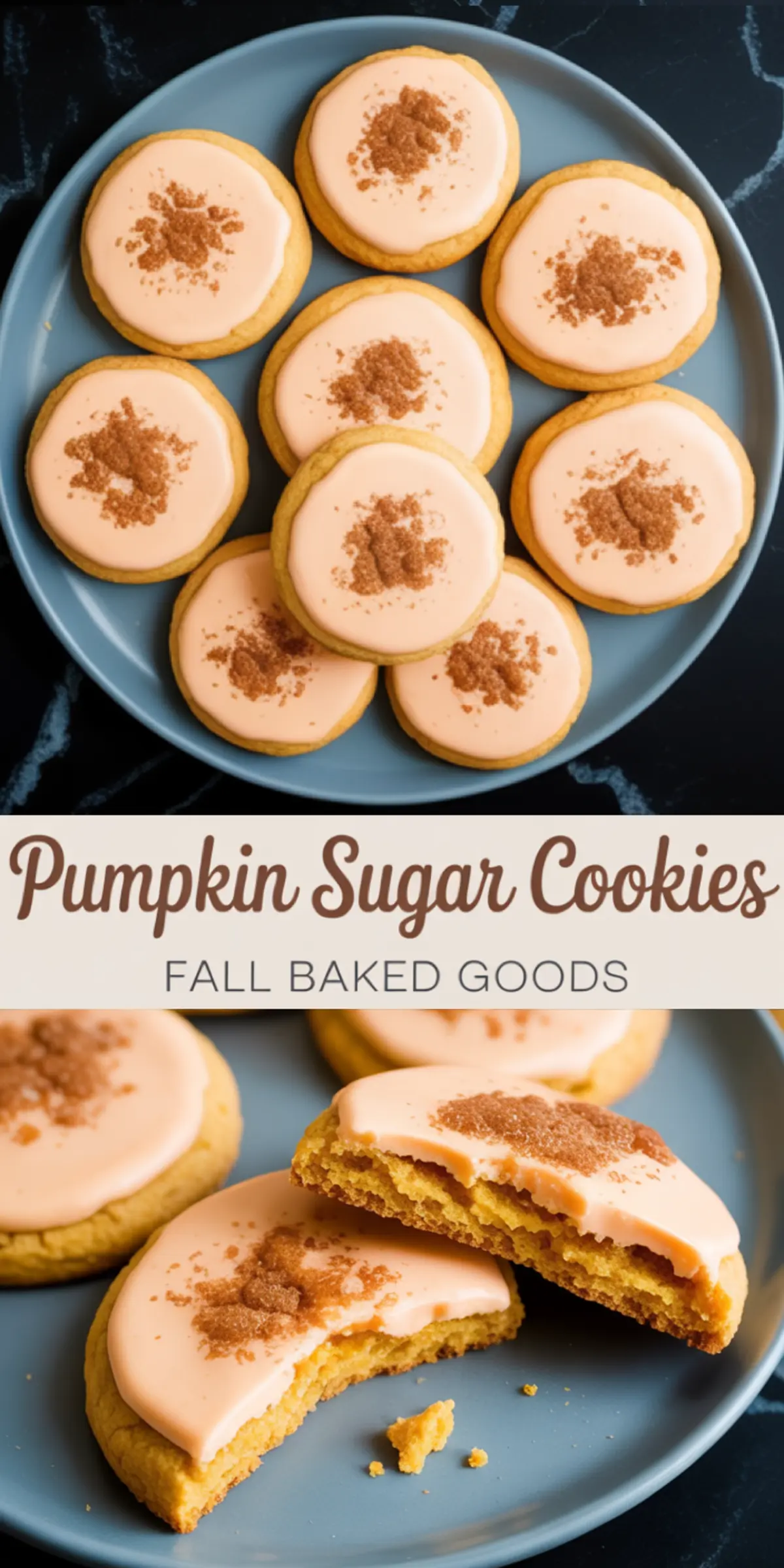 Overhead and close-up view of frosted pumpkin sugar cookies with spiced sugar topping on a plate, labeled “Pumpkin Sugar Cookies Fall baked goods.”
