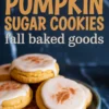 Frosted pumpkin sugar cookies stacked on a ceramic plate with white icing and cinnamon garnish, featuring bold “Pumpkin Sugar Cookies” and “Fall baked goods” text.