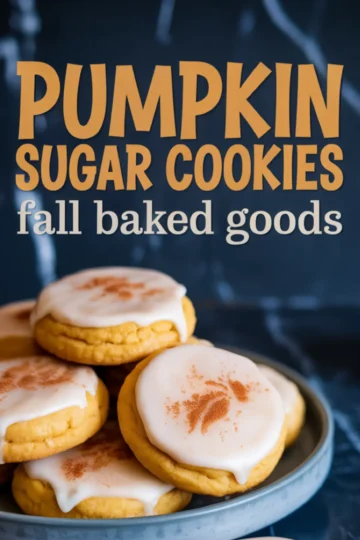 Frosted pumpkin sugar cookies stacked on a ceramic plate with white icing and cinnamon garnish, featuring bold “Pumpkin Sugar Cookies” and “Fall baked goods” text.
