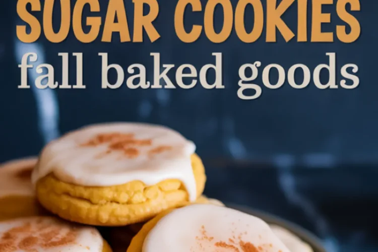 Frosted pumpkin sugar cookies stacked on a ceramic plate with white icing and cinnamon garnish, featuring bold “Pumpkin Sugar Cookies” and “Fall baked goods” text.