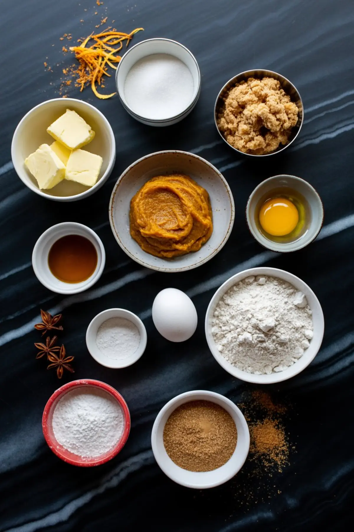 Flat lay of fall baking ingredients including pumpkin puree, eggs, flour, butter, brown sugar, vanilla, spices, and orange zest on a dark surface.
