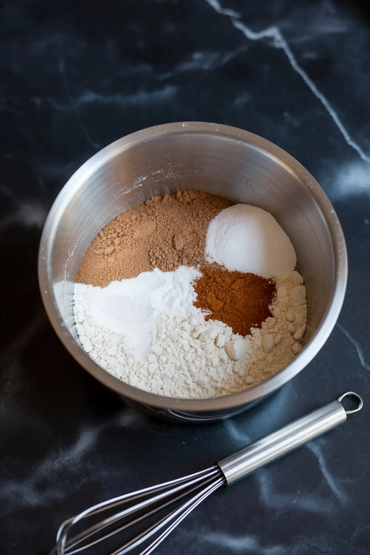 Metal mixing bowl with separated dry baking ingredients including flour, cinnamon, baking powder, and brown sugar, with a whisk beside it.
