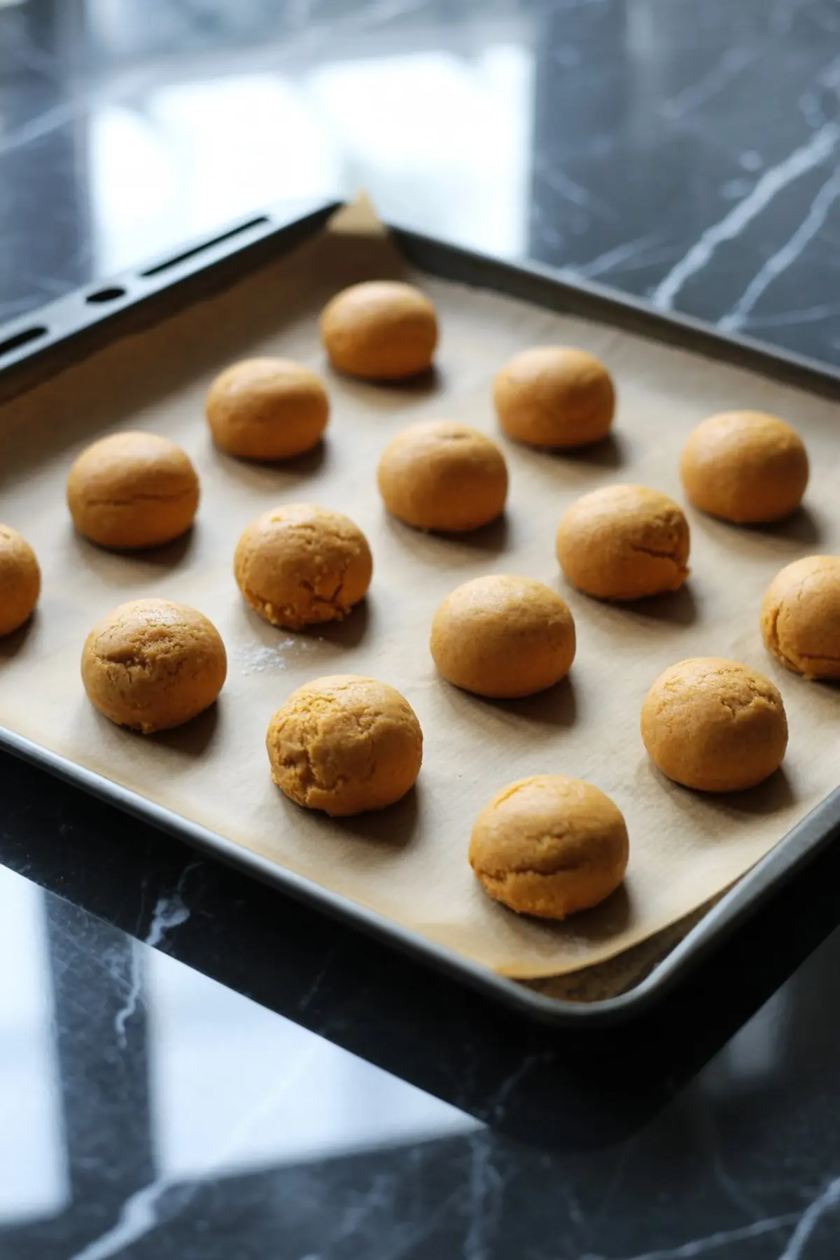 Round pumpkin cookie dough balls arranged on a parchment-lined baking tray ready for the oven.
