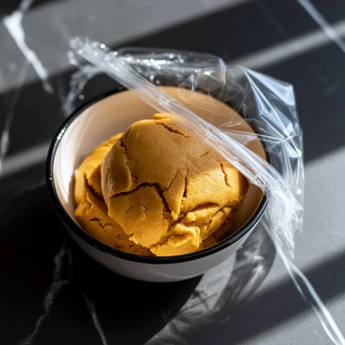 Bowl of smooth pumpkin cookie dough covered partially with plastic wrap resting on a black countertop.
