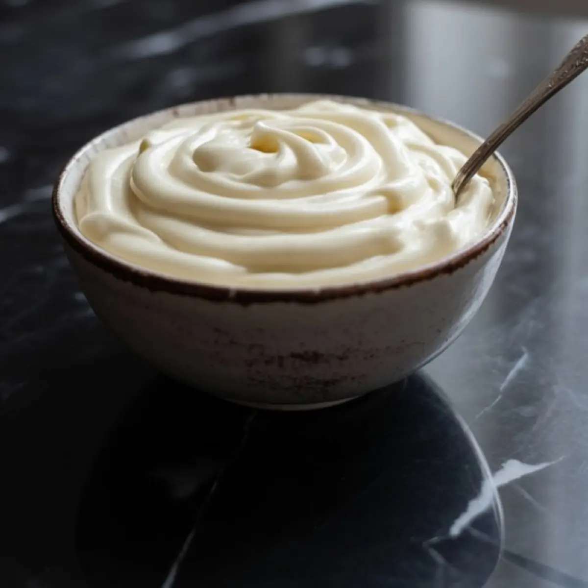 Creamy homemade frosting swirled in a rustic ceramic bowl with a spoon on a dark marble counter.
