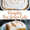 Pumpkin tres leches cake topped with whipped cream and sprinkled with cinnamon, with a square slice served on a plate.