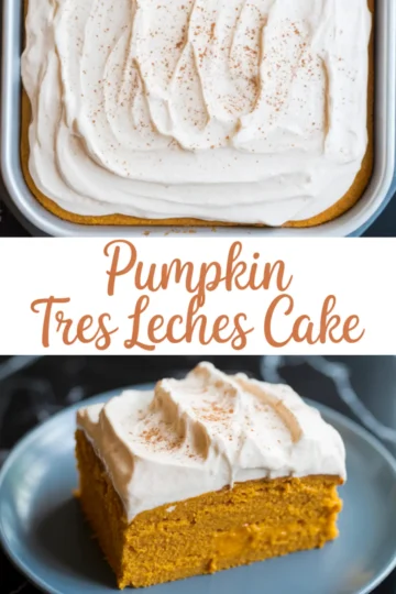 Pumpkin tres leches cake topped with whipped cream and sprinkled with cinnamon, with a square slice served on a plate.