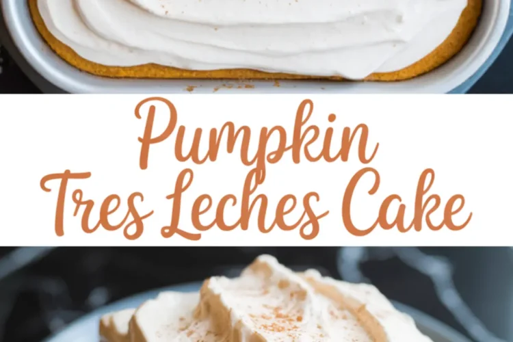 Pumpkin tres leches cake topped with whipped cream and sprinkled with cinnamon, with a square slice served on a plate.