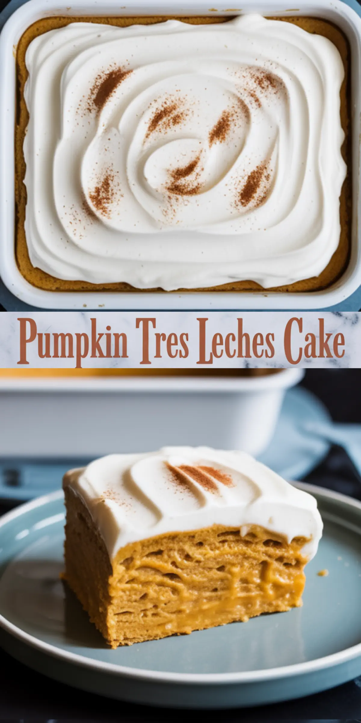Pumpkin tres leches cake with whipped topping and cinnamon dusting, served as a moist slice on a blue plate.
