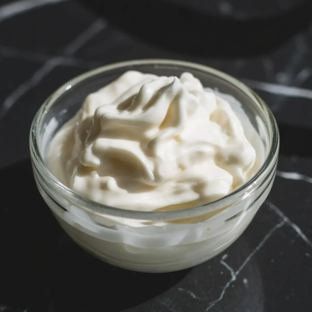 Glass bowl filled with thick, fluffy whipped topping or whipped cream, sitting on a sunlit black marble counter.
