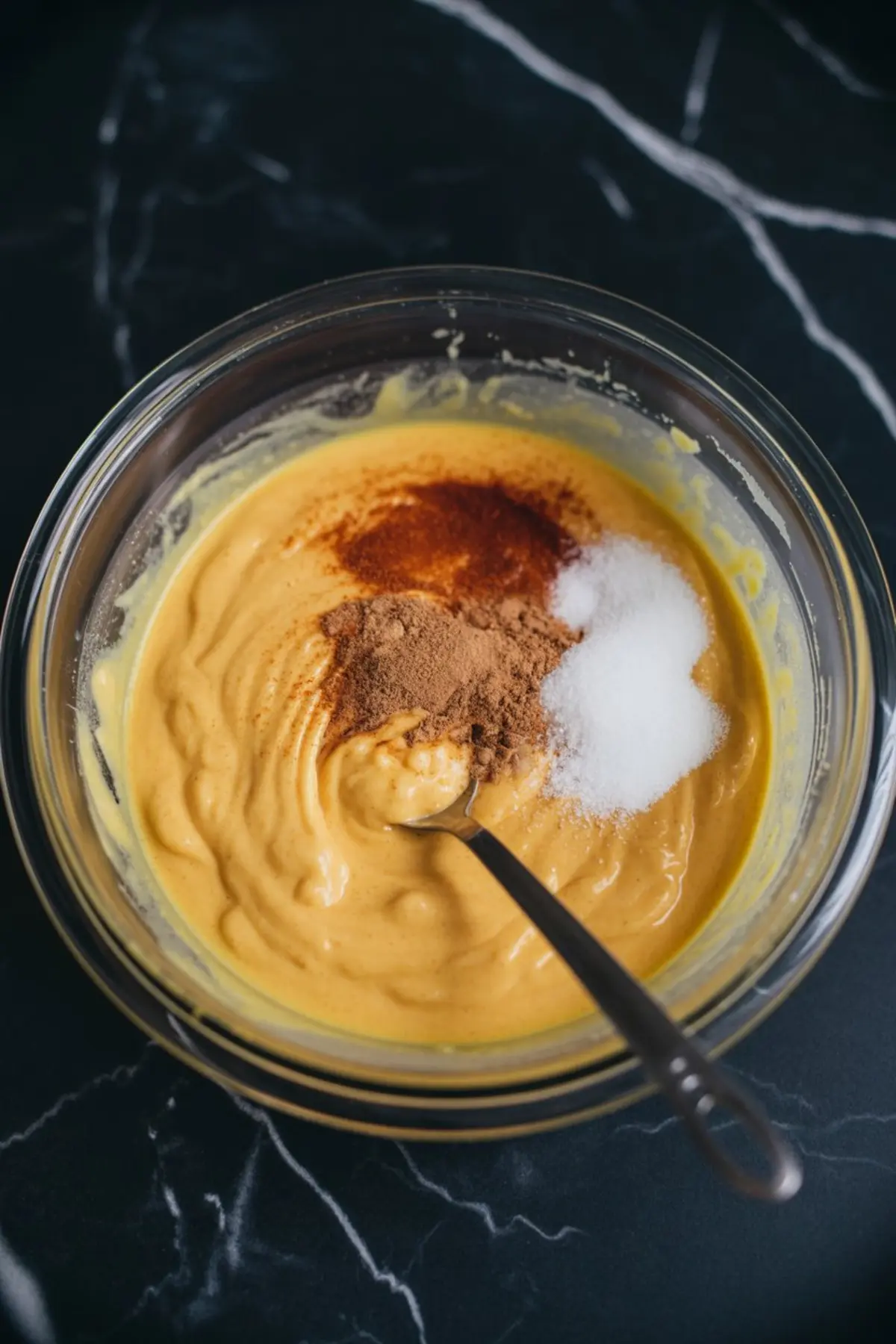 Glass bowl filled with creamy pumpkin batter topped with ground cinnamon, nutmeg, sugar, and a spoon, placed on a dark marble countertop.
