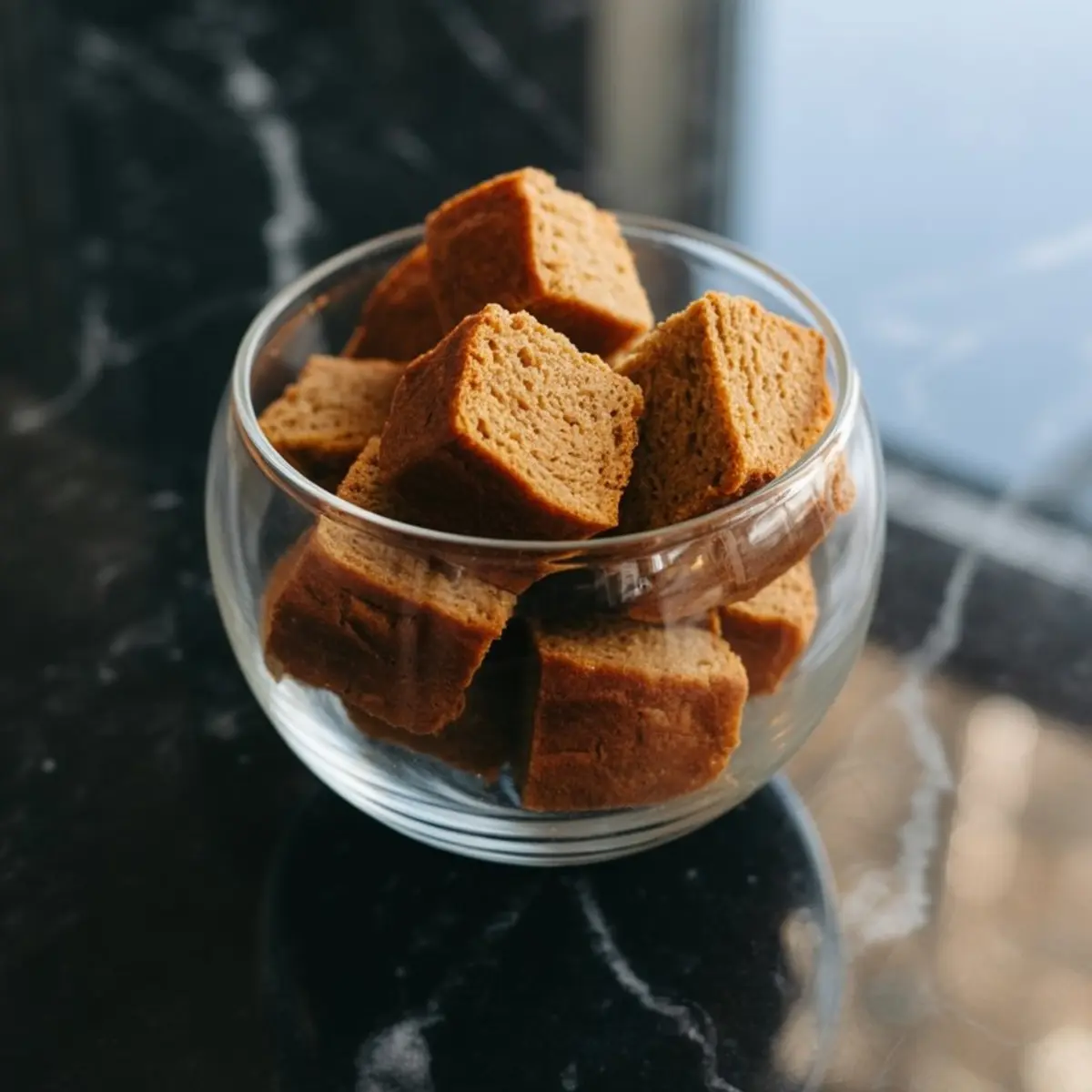 Clear glass bowl holding cube-shaped pieces of spiced pumpkin cake, arranged neatly on a glossy black surface.
