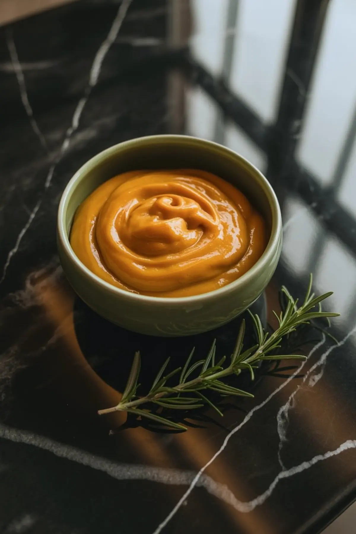 Green ceramic bowl containing smooth pumpkin pudding or mousse, garnished with a sprig of fresh rosemary on a marble background.
