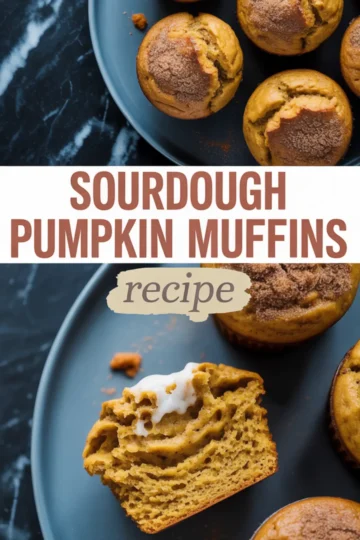 Split-view collage featuring cinnamon-topped sourdough pumpkin muffins on a plate and a halved muffin topped with icing, revealing a tender, airy crumb, accompanied by a “Sourdough Pumpkin Muffins Recipe” label in the middle.