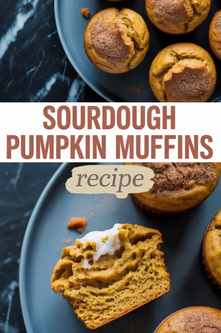 Split-view collage featuring cinnamon-topped sourdough pumpkin muffins on a plate and a halved muffin topped with icing, revealing a tender, airy crumb, accompanied by a “Sourdough Pumpkin Muffins Recipe” label in the middle.