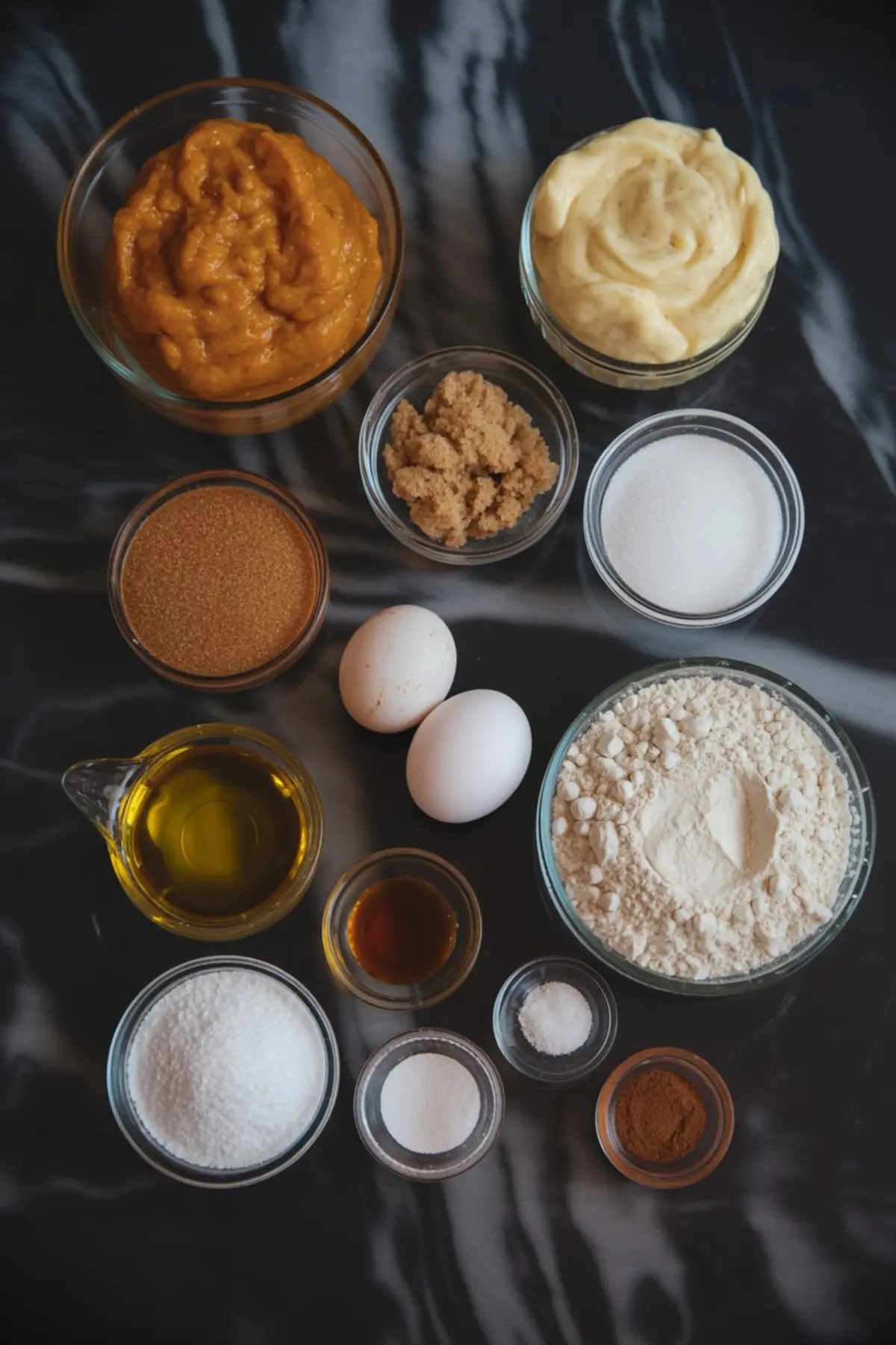 Flat lay of baking ingredients including flour, brown sugar, granulated sugar, pumpkin purée, eggs, vanilla extract, spices, vegetable oil, and sourdough discard in glass bowls on a dark marbled surface.
