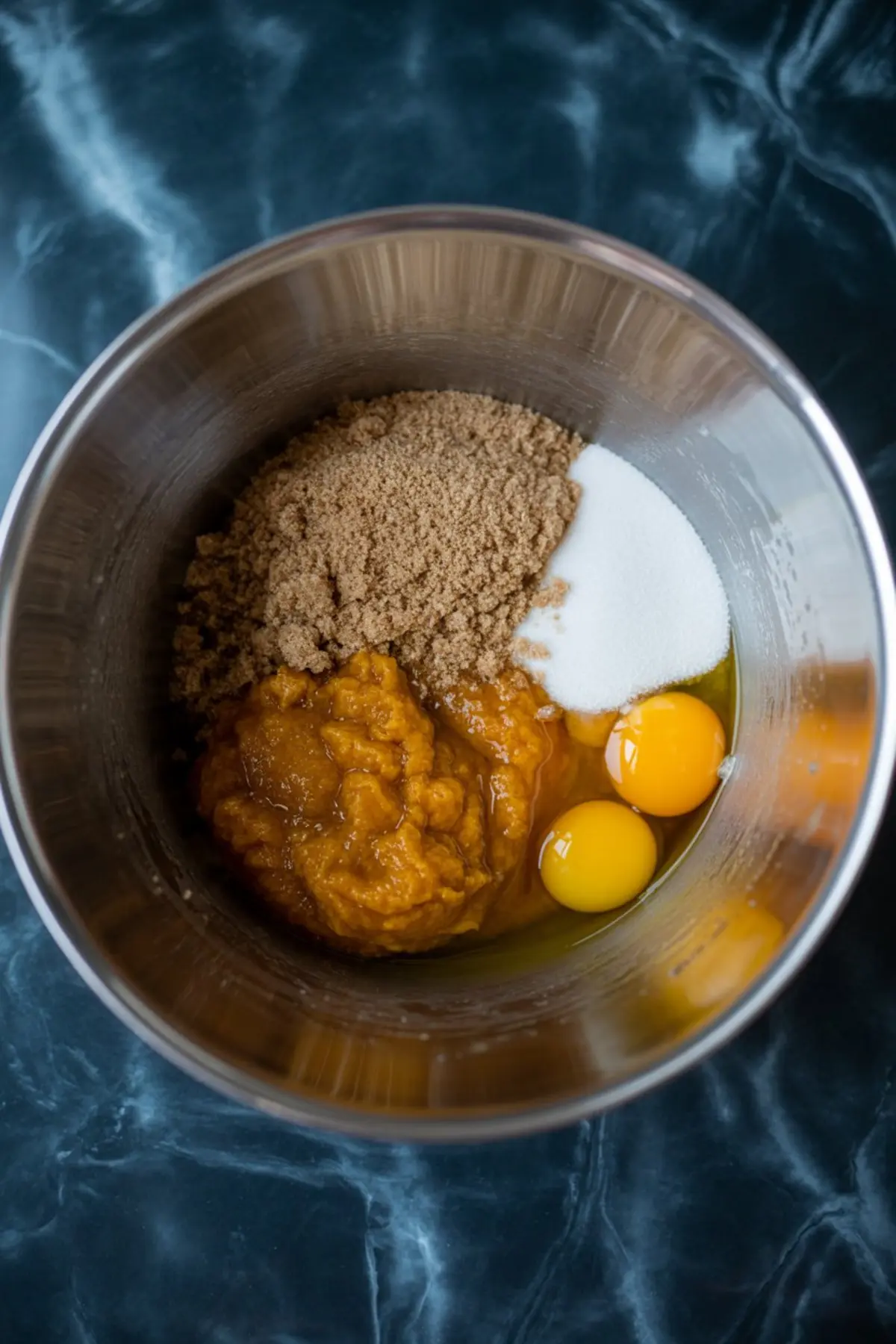 A stainless steel mixing bowl filled with brown sugar, white sugar, pumpkin purée, and raw eggs on a dark marble countertop, showing ingredients before blending for pumpkin muffin batter.
