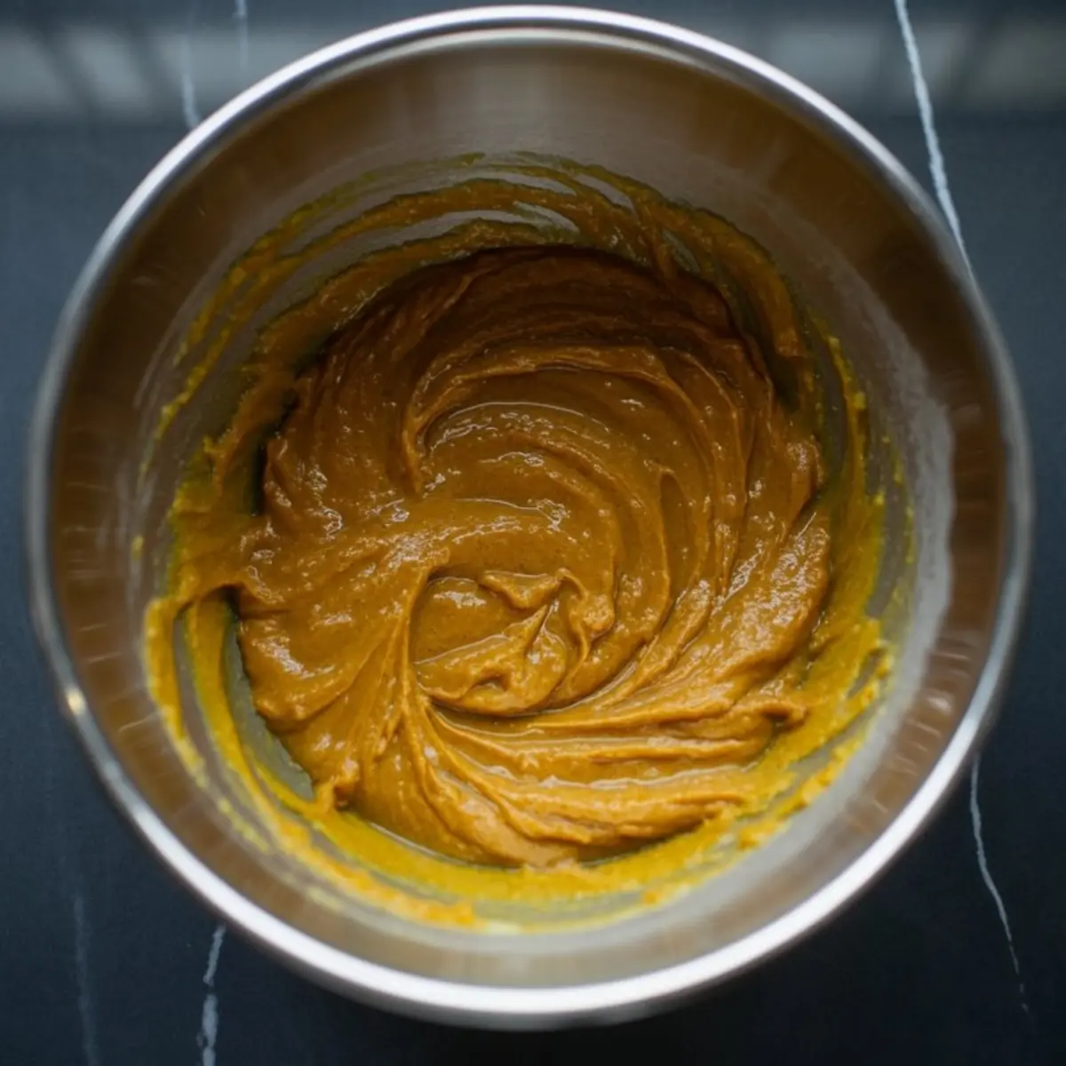 A smooth, swirled pumpkin batter in a metal mixing bowl after blending, ready for scooping into muffin tins for baking sourdough pumpkin muffins.
