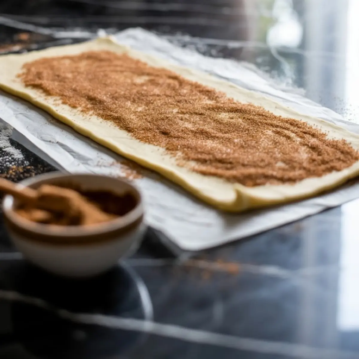 Rectangular sheet of rolled dough spread with a brown sugar and cinnamon filling on parchment paper, with a small bowl of filling mixture nearby.