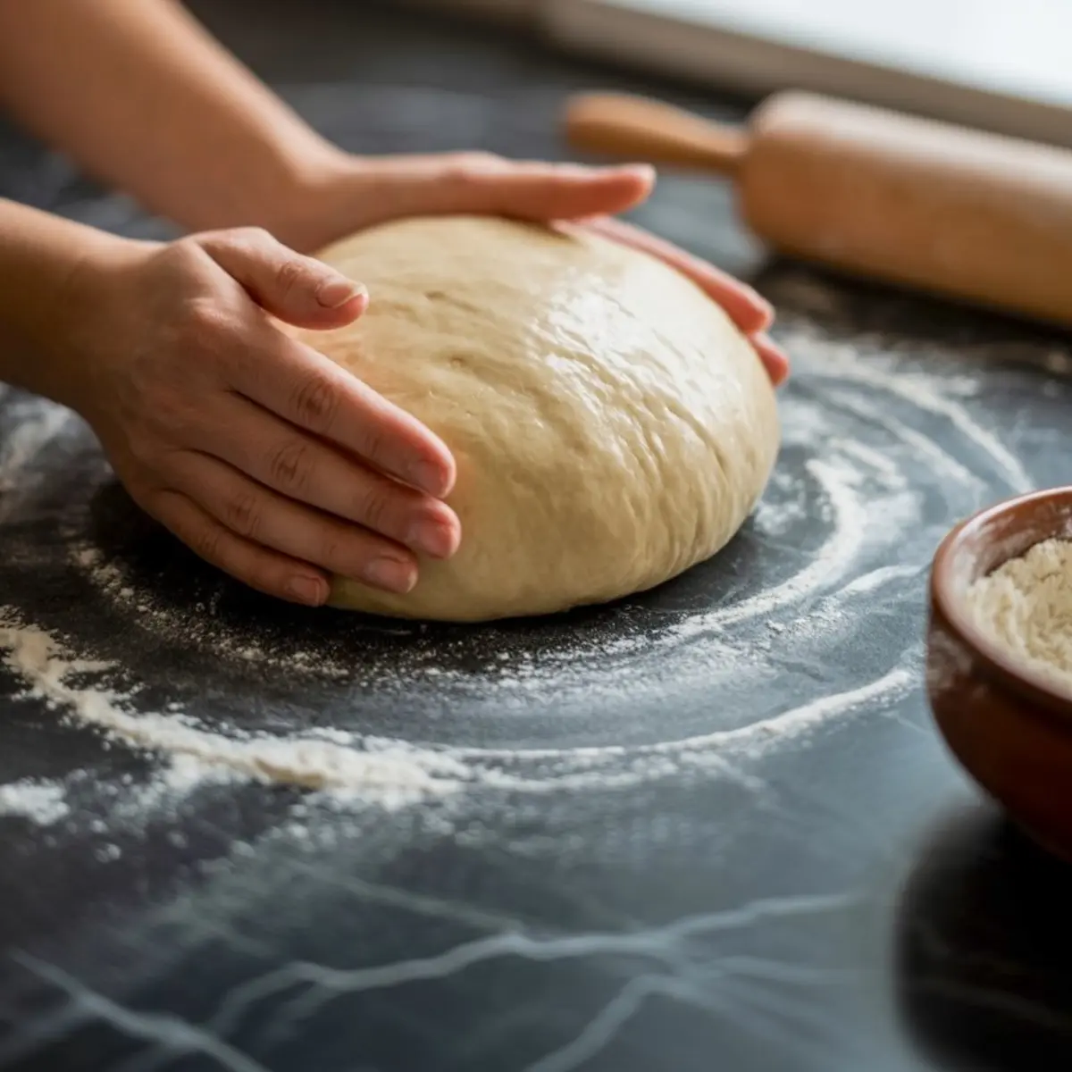 Hands gently shaping a ball of dough on a floured surface with a rolling pin and bowl of flour nearby.