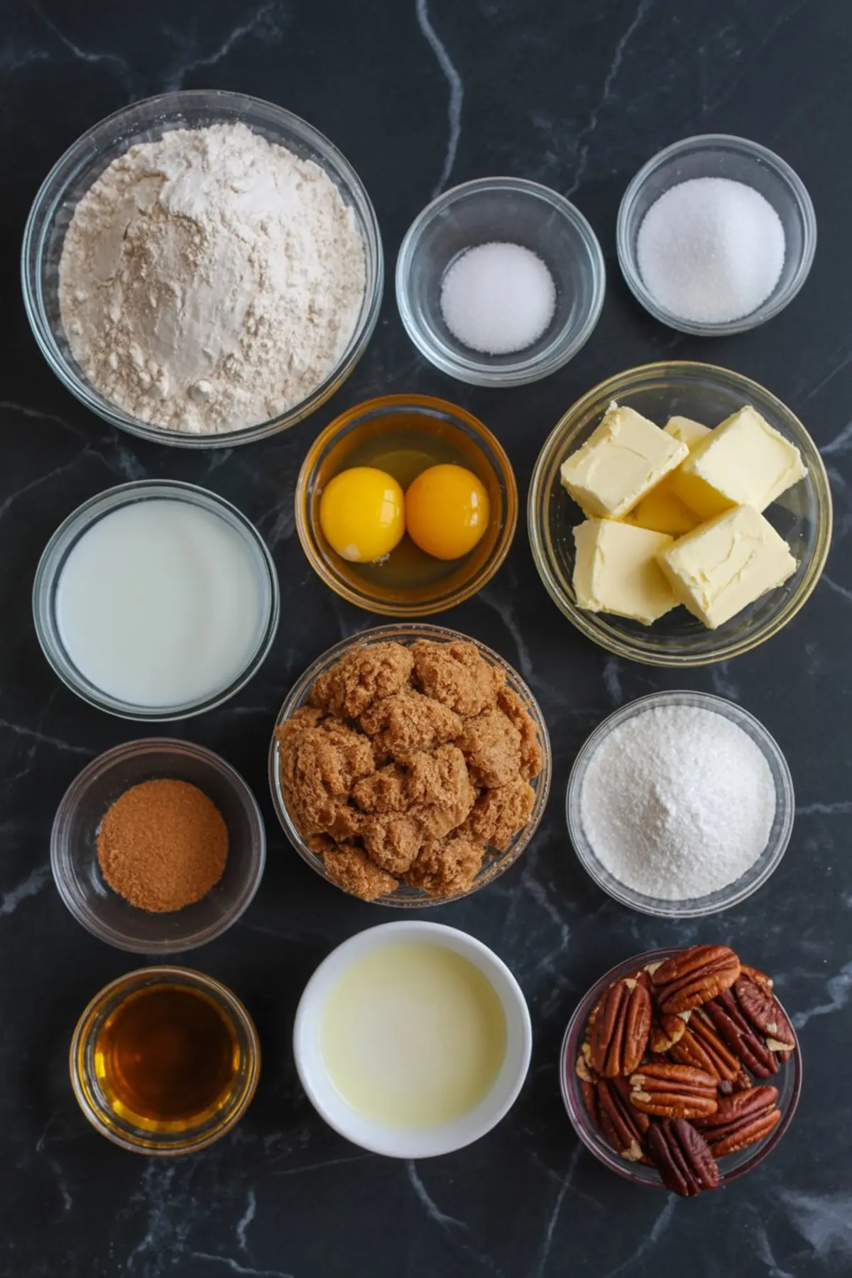 Overhead view of baking ingredients in glass bowls on a black marble surface, including flour, sugar, brown sugar, butter, milk, eggs, pecans, vanilla, and spices.