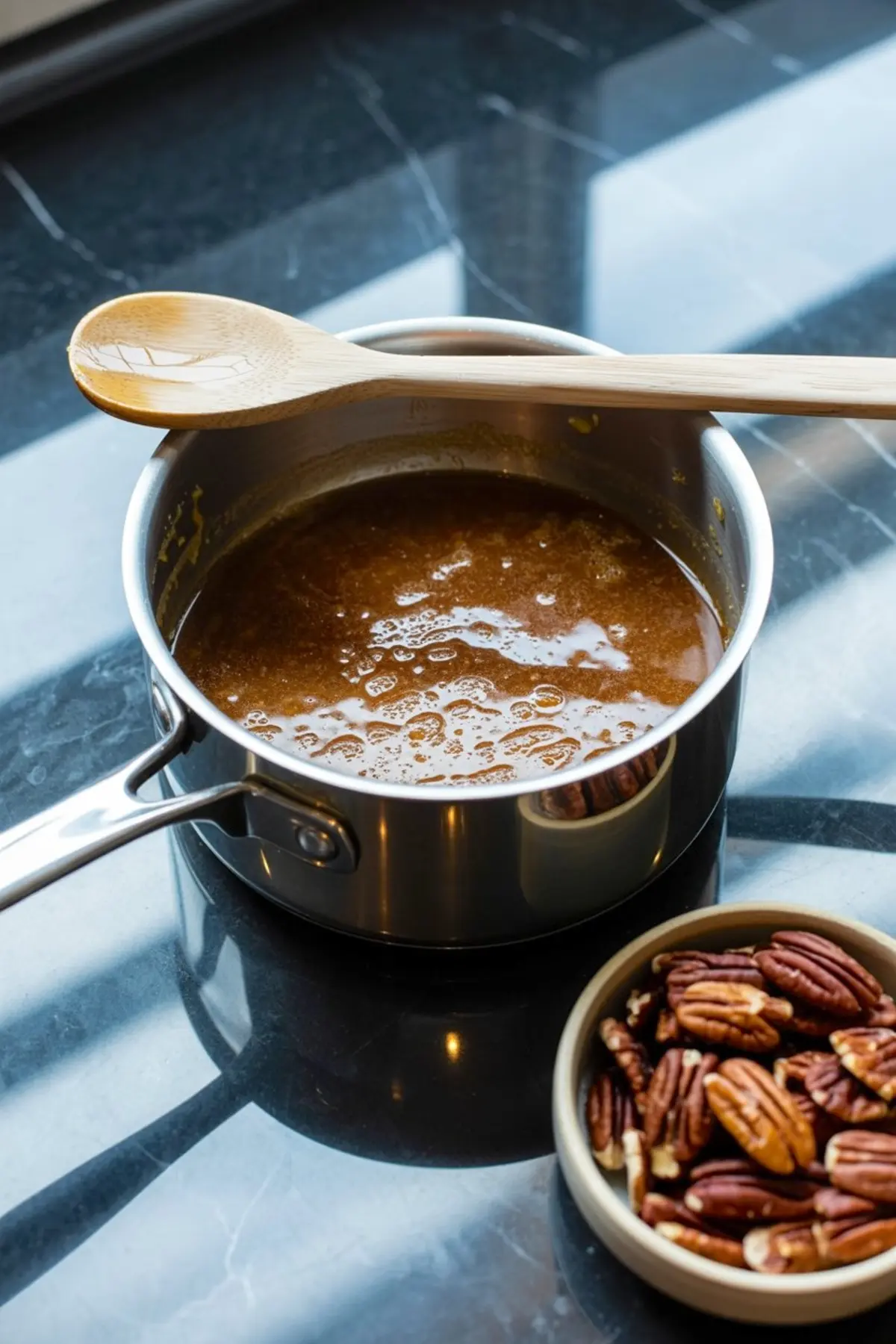 Saucepan filled with bubbling caramel mixture with a wooden spoon resting on top, next to a bowl of pecans on a reflective counter.